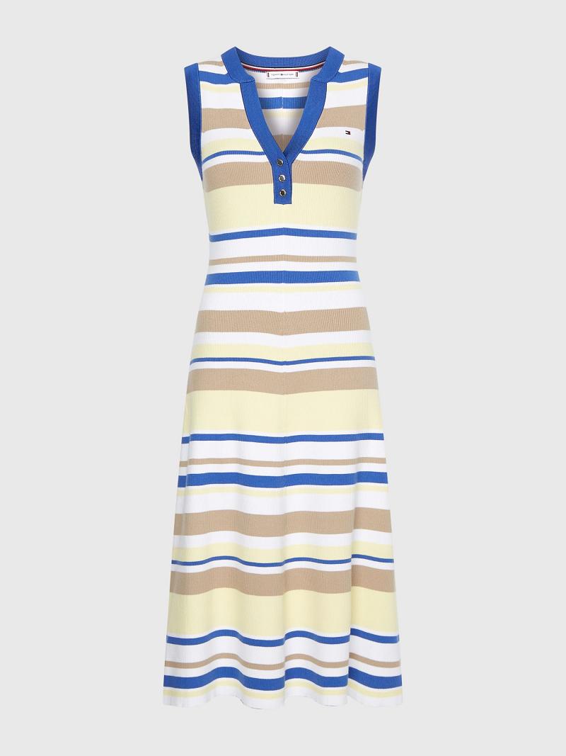 Női Tommy Hilfiger Stripe Henley Midi Dresses Színes | HU 126JPQ